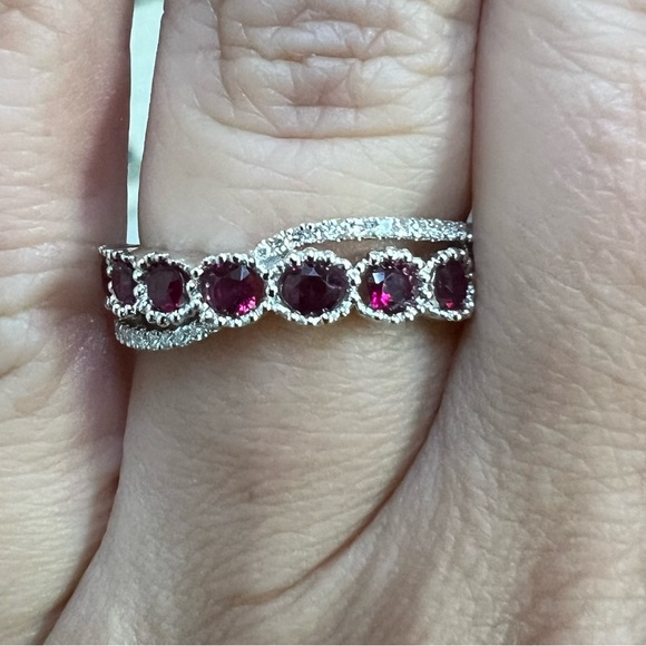 14k White Gold Diamond & Ruby Band Ring - Picture 4 of 8